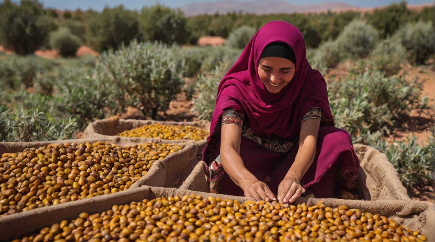 A bottle of argan oil surrounded by diverse hands coming together, symbolizing community impact and empowerment.