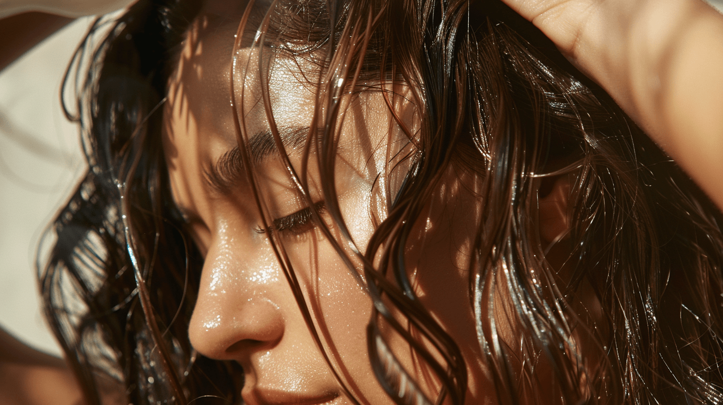 A person gently combing their hair with a wide-tooth comb, accompanied by a bottle of argan oil. 
