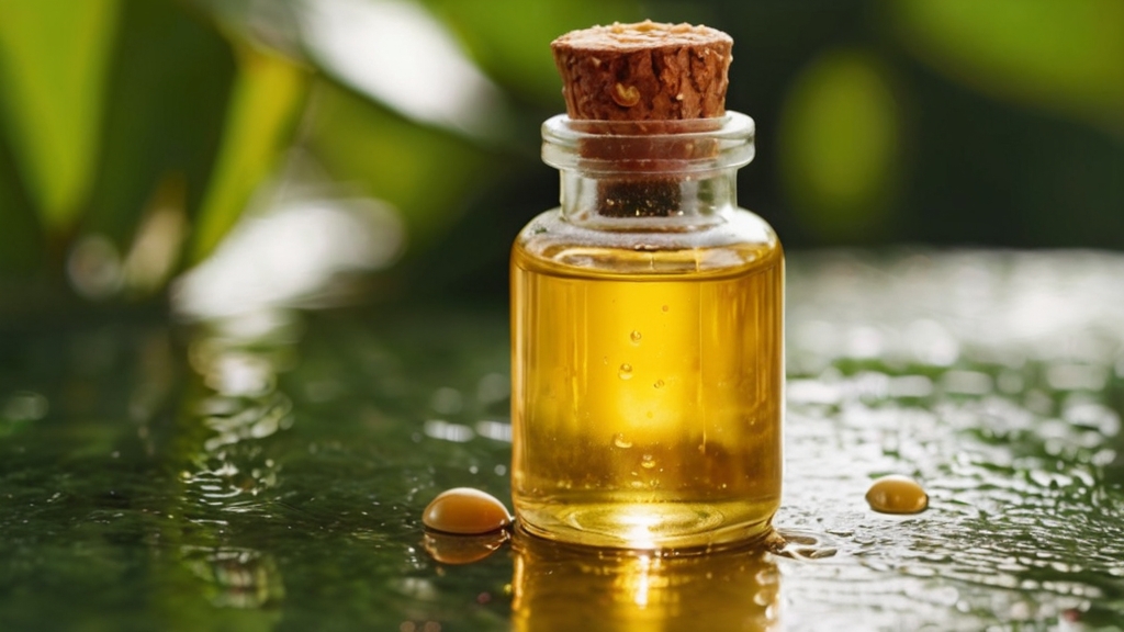 Pure Argan Oil for Acne Treatment 4 A close-up of a glass bottle filled with golden, pure Argan oil.