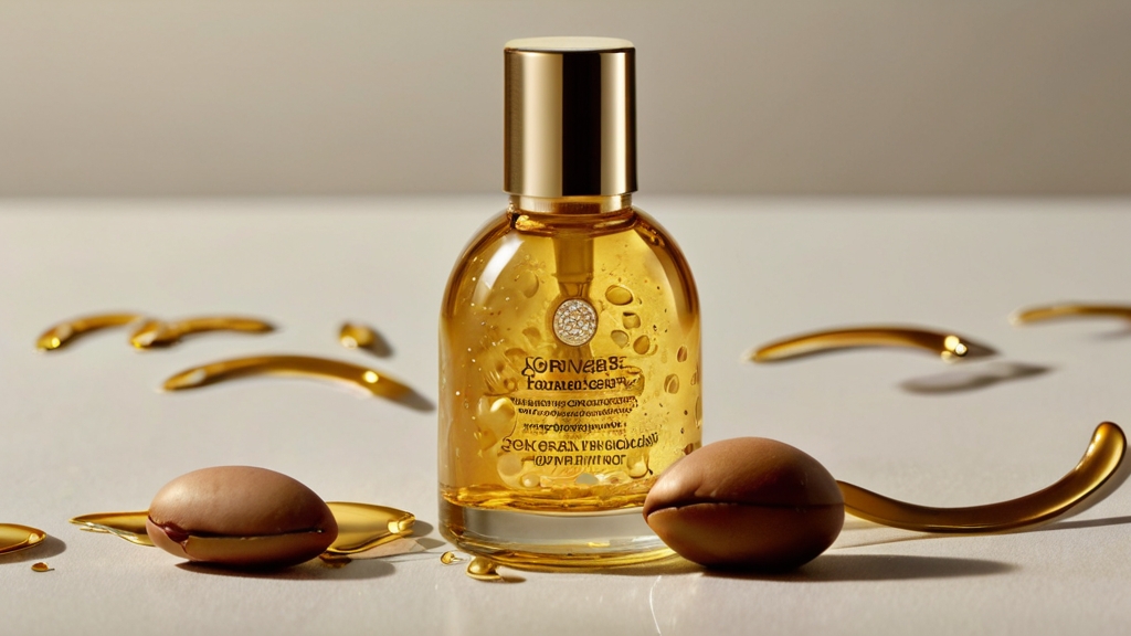 Pure Argan Oil for Acne Treatment 5 A bottle of pure Argan oil prominently displayed, exuding a golden glow.