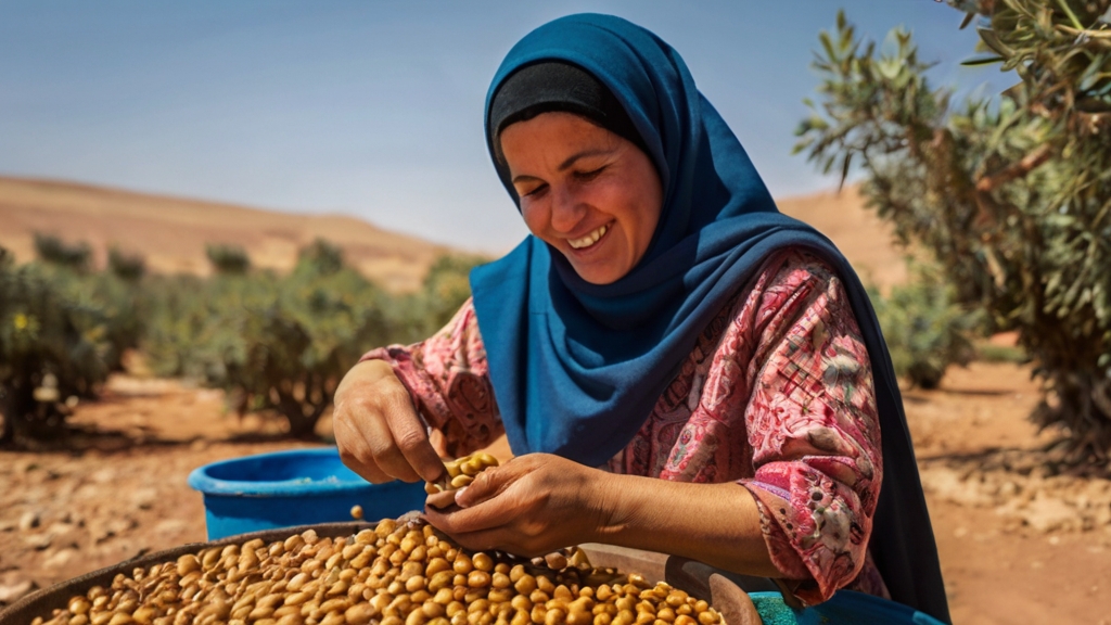 Impact of Argan Oil on Berber Villages 8 Women working harmoniously, extracting oil from the argan nuts.