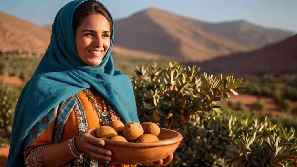 Argan Oil Harvest by Berber Women 6 Berber women in vibrant traditional attire, skillfully handpicking argan fruits.