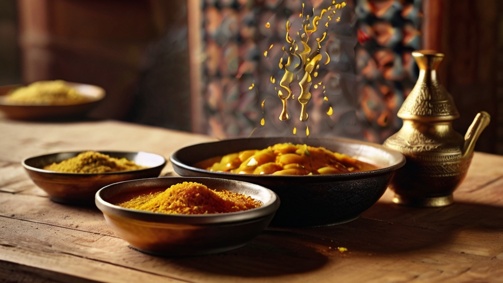 Traditional Uses of Argania Spinosa Oil 5 A vibrant Moroccan kitchen, filled with ancient cooking utensils.