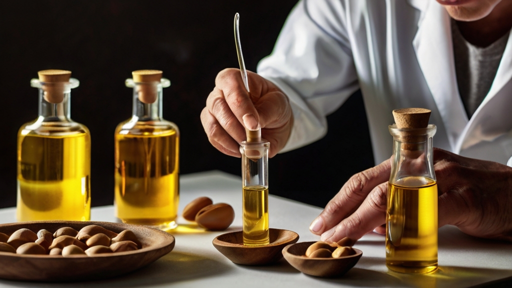 Local Wisdom on Argan Oil Purity 4 A skilled artisan holding a glass vial with a golden liquid being poured onto a test strip.