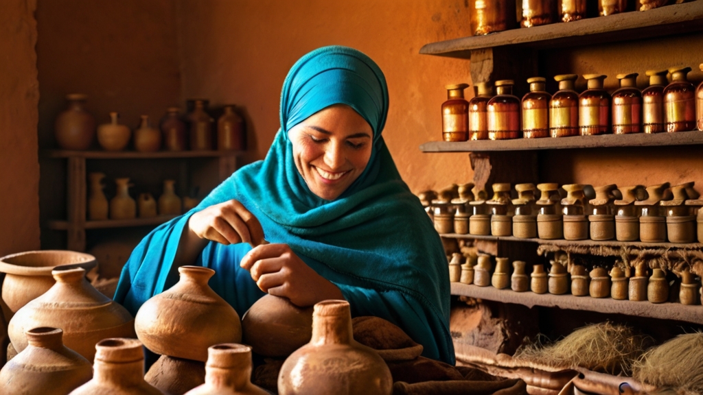 Berber-Led Argan Oil Sustainability Initiatives 8 Berber women in vibrant traditional attire, working together in a sunlit room.