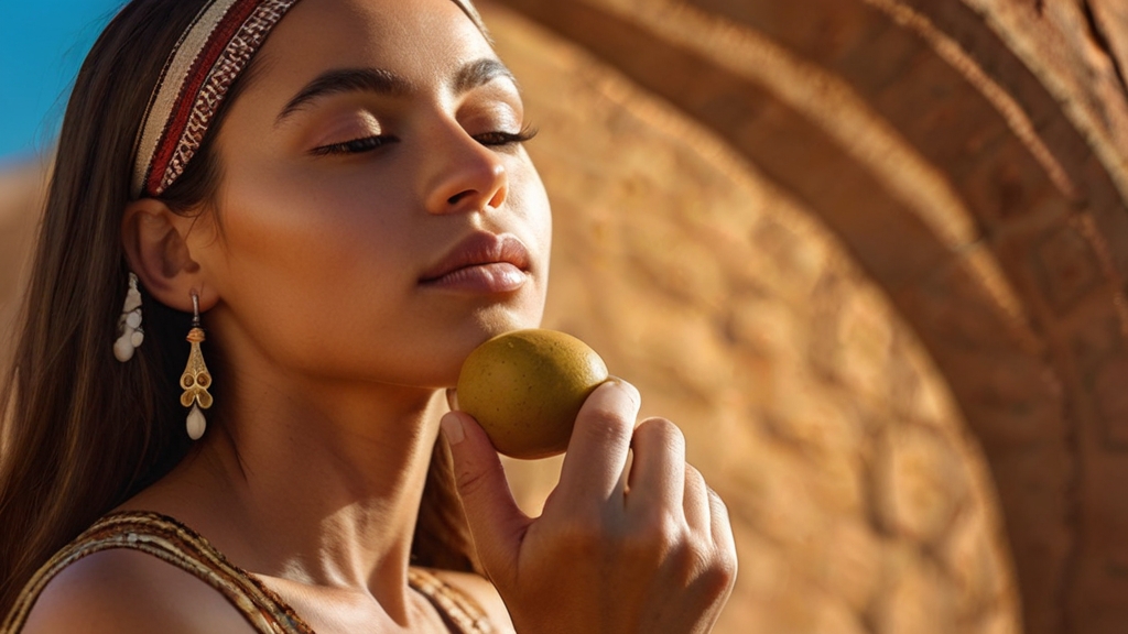 Indigenous Knowledge on Argan Oil Benefits 4 An indigenous woman gracefully holding a ripe Argan fruit.