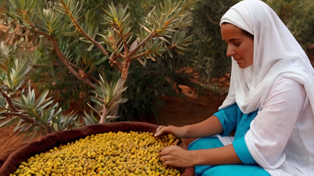 Argan Oil Harvest by Berber Women 7 Berber women in vibrant traditional attire delicately handpicking argan fruits from lush trees.