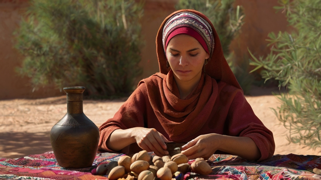Harvesting Argan for Organic Oil Production 5 A traditional Berber woman delicately extracting oil from argan nuts.