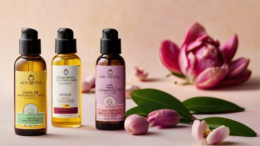 Lightweight Argan Oil Face Moisturizers 3 Argan oil bottles lined up against a backdrop of soft, pastel-colored petals.