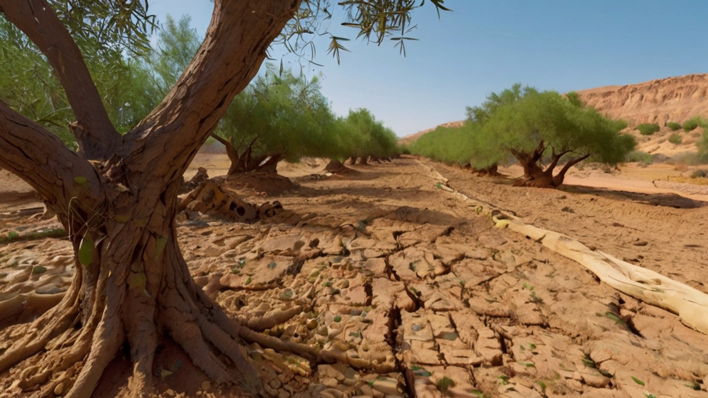 Argan Tree Harvesting Environmental Impact 3 Eroded land with exposed roots, eroded riverbanks, and sediment-laden water.