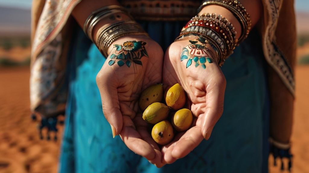 Argan Oil Harvest by Berber Women 9 Berber women in traditional attire carefully handpicking argan fruits from the trees.