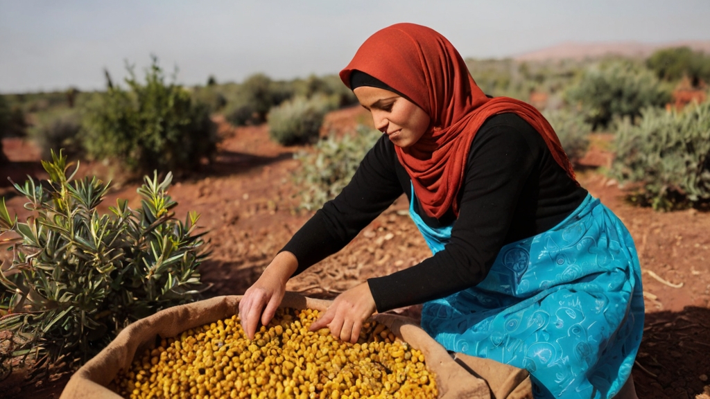Harvesting Argan for Organic Oil Production 3 Showcasing local women diligently handpicking Argan fruits in the Moroccan countryside.