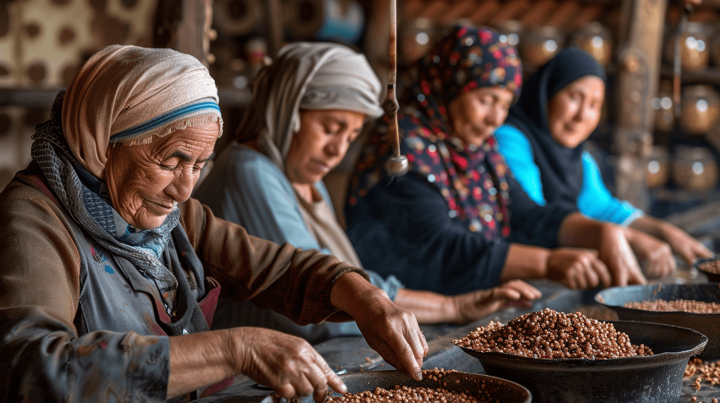 Berber-Led Argan Oil Sustainability Initiatives 10 Women in traditional attire expertly handpicking ripe Argan fruits from thorny trees.