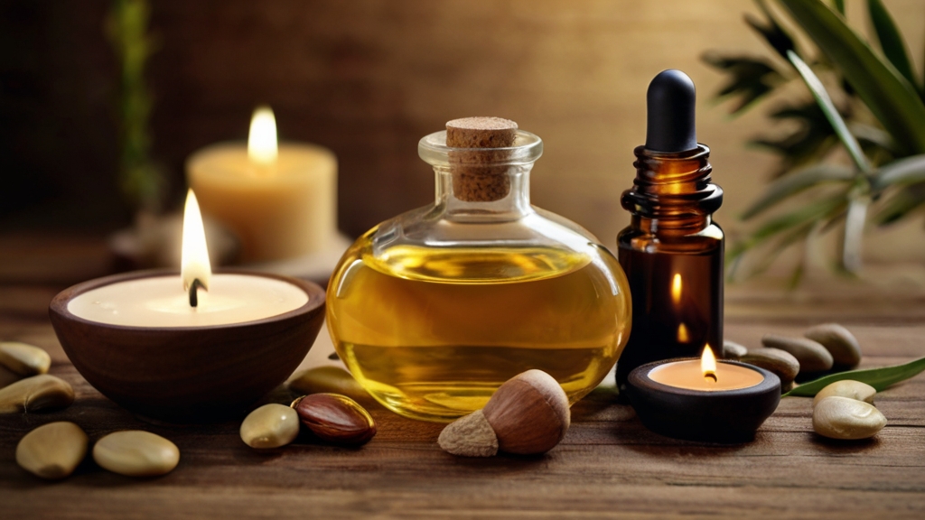 Traditional Uses of Argania Spinosa Oil 4 A serene spa setting with a masseuse using the oil for a relaxing massage.