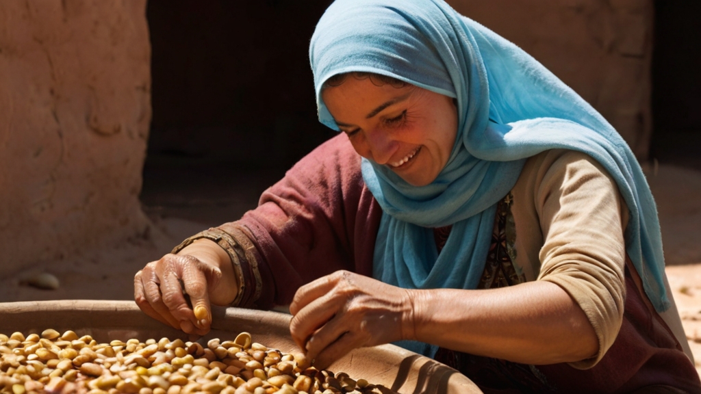 Harvesting Argan for Organic Oil Production 4 Skilled Berber women carefully cracking argan nuts and grinding them by hand.