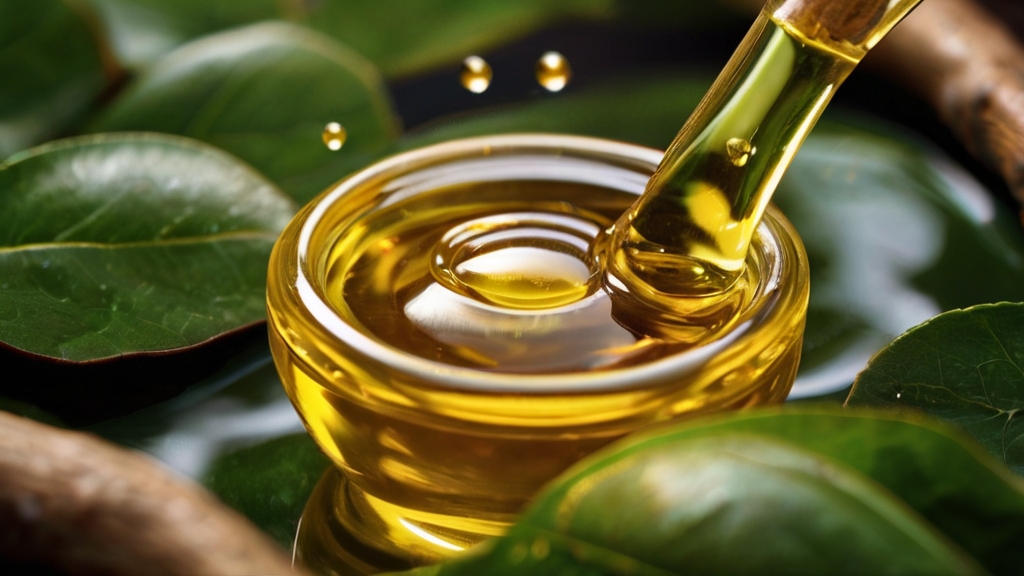 Measuring Vitamin E in Argan Oil 2 Argan oil, while vibrant green leaves surround it.